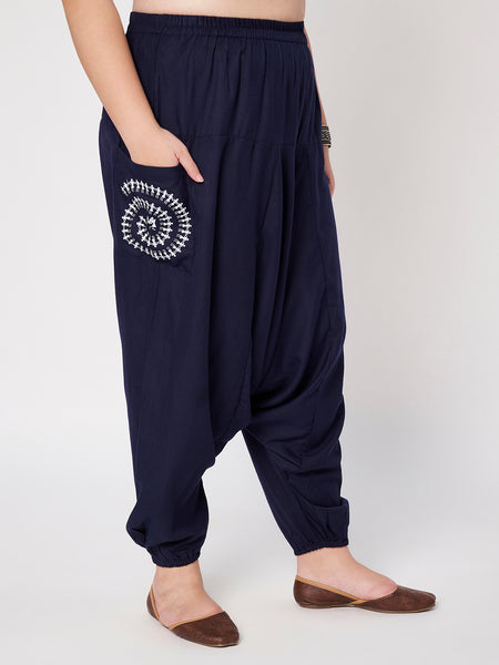 Plus Size Cotton Printed Pockets Drop Crotch Pants