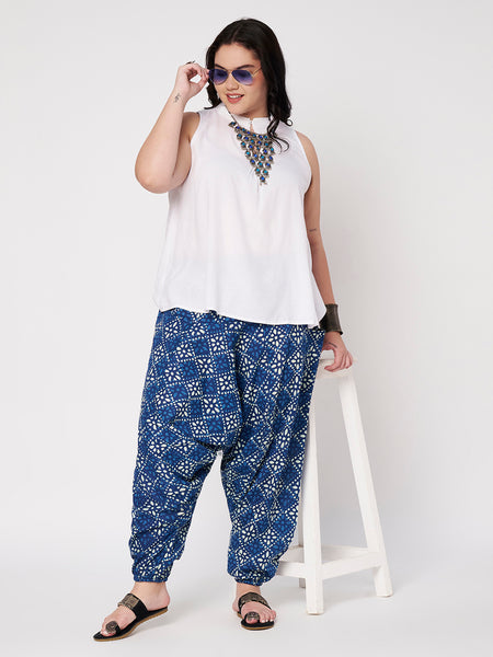 Plus Size Cotton Indigo Print Drop Crotch Pants