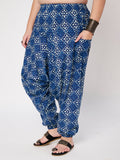 Plus Size Cotton Indigo Print Drop Crotch Pants