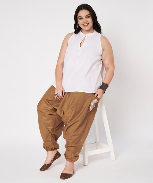 Plus Size Cotton Printed Pockets Drop Crotch Pants