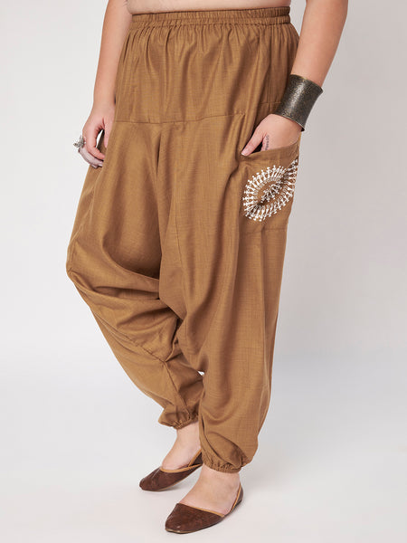 Plus Size Cotton Printed Pockets Drop Crotch Pants