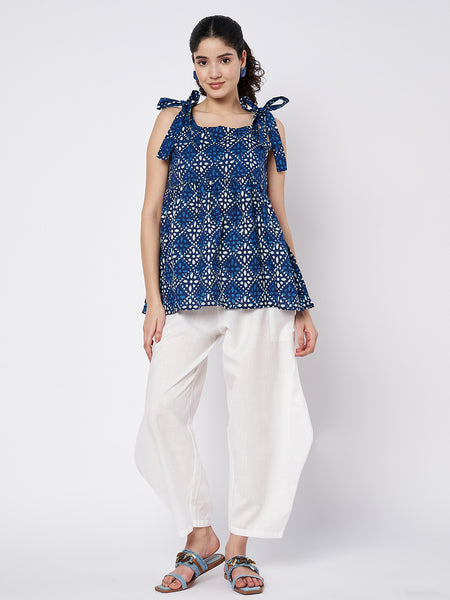 Cotton Solid Side Cowl and Printed Peplum Co-ord