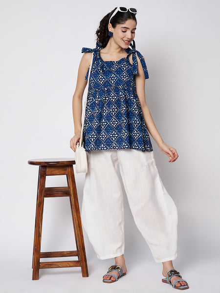 Cotton Solid Side Cowl and Printed Peplum Co-ord