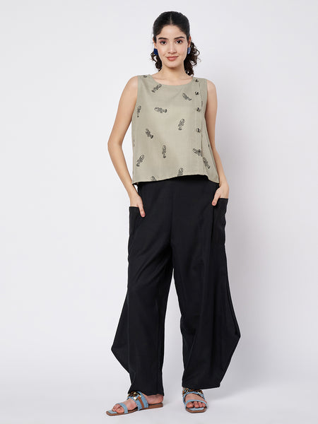 Cotton Solid Side Cowl and Block Printed Top Co-ord