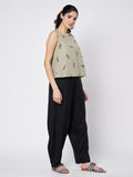 Cotton Solid Side Cowl and Block Printed Top Co-ord