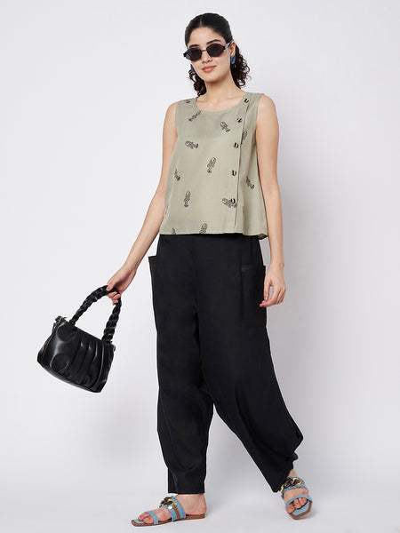 Cotton Solid Side Cowl and Block Printed Top Co-ord