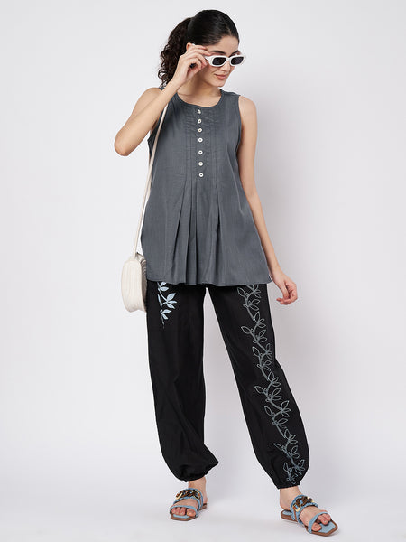 Cotton Placement Print Trouser and Solid Pleated Co-ord