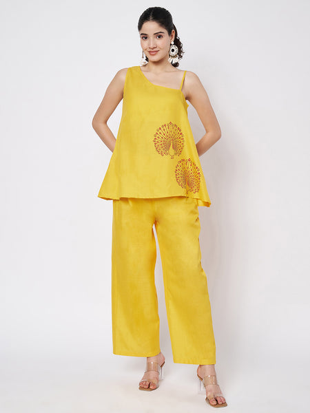 Cotton Solid Trouser and Printed One Shoulder Co-ord