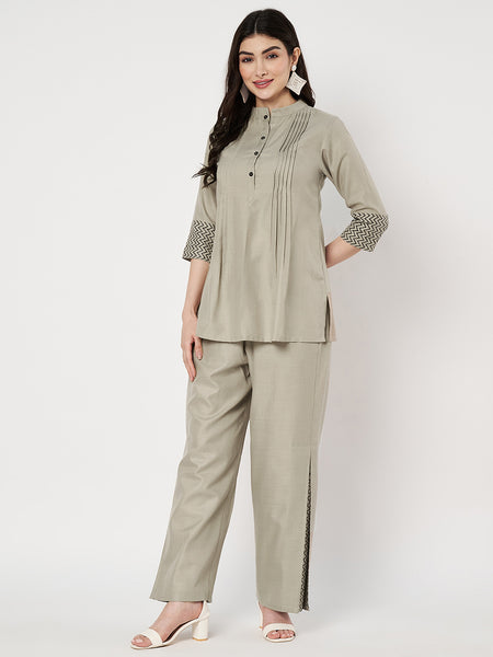 Cotton Side Print Trouser and Pintuck Kurti Co-ord