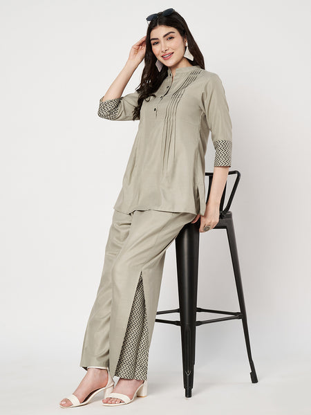 Cotton Side Print Trouser and Pintuck Kurti Co-ord