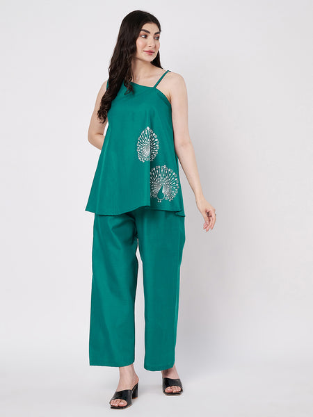 Cotton Solid Trouser and Printed One Shoulder Co-ord
