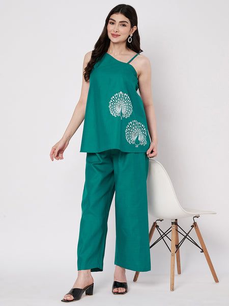 Cotton Solid Trouser and Printed One Shoulder Co-ord