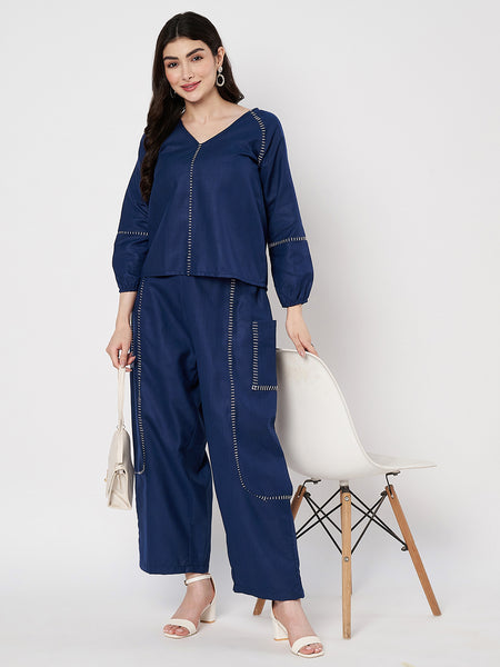 Cotton Embroidered V-Neck and Balloon Co-ord