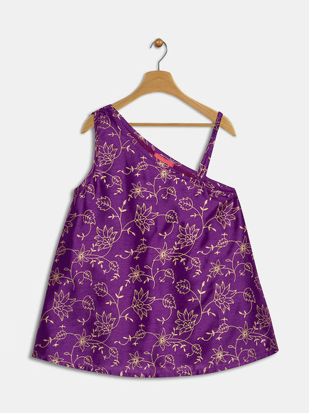 Silk Blend Block Printed One-Shoulder Top