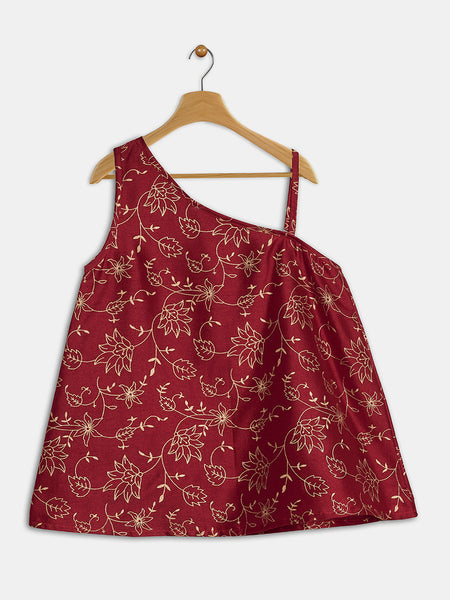 Silk Blend Block Printed One-Shoulder Top
