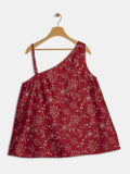 Silk Blend Block Printed One-Shoulder Top