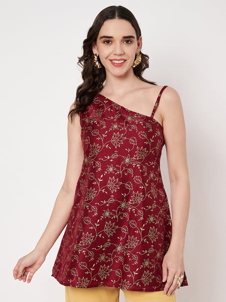 Silk Blend Block Printed One shoulder Kurti