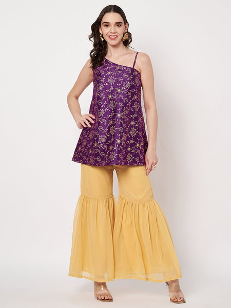 Silk Blend Block Printed One shoulder Kurti