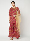 Cotton Printed Embellished Kurti Sharara Set.
