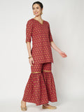 Cotton Printed Embellished Kurti Sharara Set.