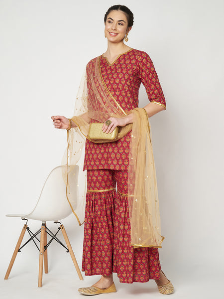 Cotton Printed Embellished Kurti Sharara Set.