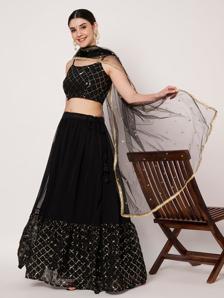 Georgette Embroidered Tiered Lehenga Set