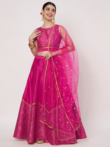 Dupion Block Printed Half and Half Lehenga Set