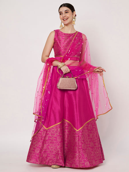 Dupion Block Printed Half and Half Lehenga Set