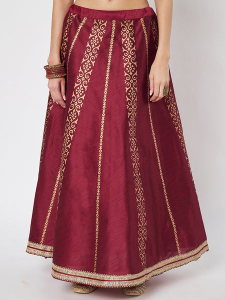 Dupion Hand Block Printed Embellished Bias Skirt