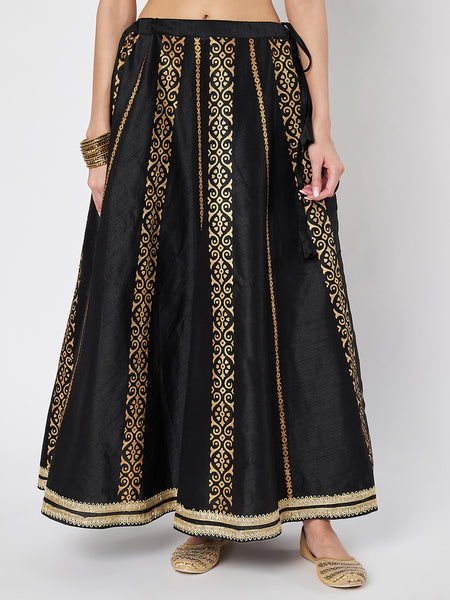 Dupion Hand Block Printed Embellished Bias Skirt