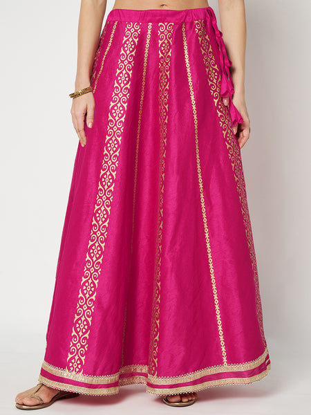 Dupion Hand Block Printed Embellished Bias Skirt