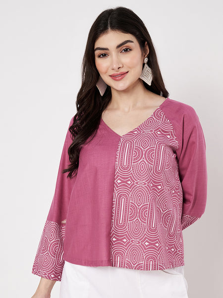 Cotton Half and Half Printed V-neck Top