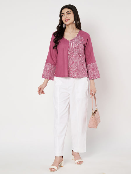 Cotton Half and Half Printed V-neck Top