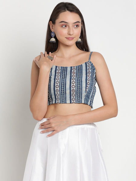 Cotton Indigo Print Spaghetti Blouse