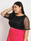 Plus Size Net Sequin Embroidered Sheer Sleeves Crop Top
