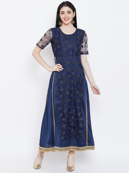 Net Embroidered and Silk Attatched Layered Embellished Maxi kurta