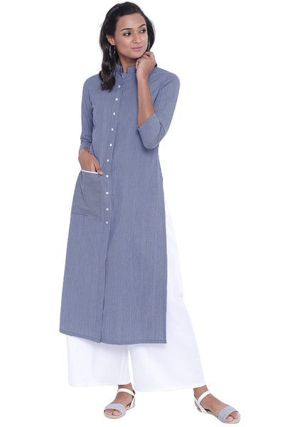 Cotton Stripe Pocket Button-down Kurta Set