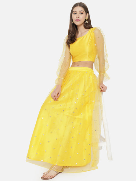 Net Sequins Embroidered Gathered Lehenga Set