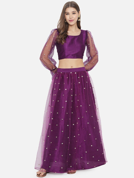 Net Sequins Embroidered Gathered Lehenga Set