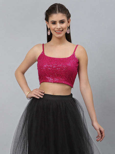 Net Sequin Embroidered Spaghetti Crop Top