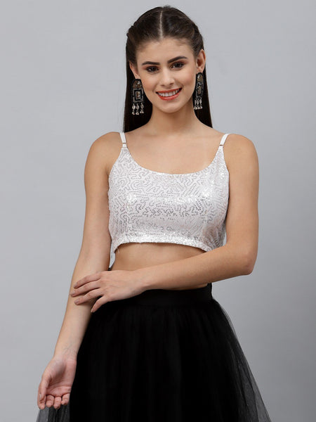 Net Sequin Embroidered Spaghetti Crop Top