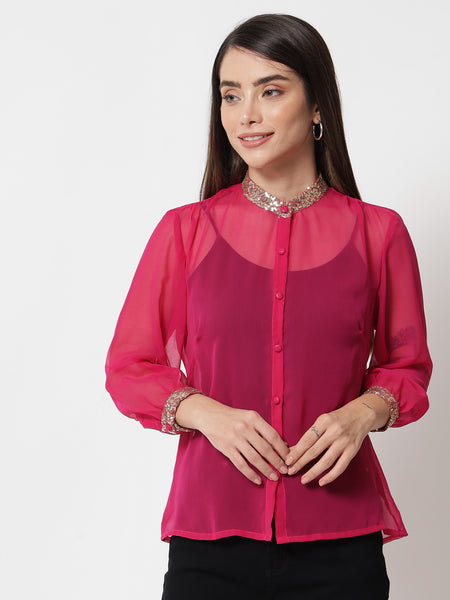 Georgette Sequin Embroidered Sheer Shirt