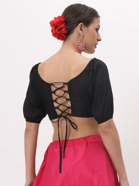 Chroma Puff Sleeves Back Tie Padded Crop Top