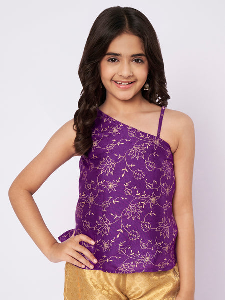 Silk Blend Block Printed One-Shoulder Top