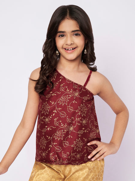 Silk Blend Block Printed One-Shoulder Top