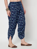 Navy blue floral print dhoti pants made with pure cotton fabric. Easy summer casual look
