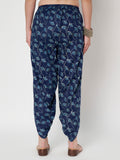 Navy blue floral print dhoti pants made with pure cotton fabric. Easy summer casual look with back elastic