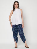 Navy blue floral print dhoti pants made with pure cotton fabric. Easy summer casual look
