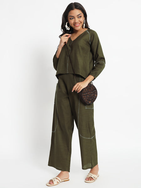 Cotton Embroidered V-Neck and Balloon Co-ord
