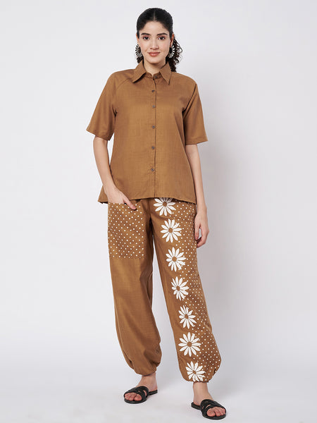 Cotton Placement Print Trouser and Solid Shirt Co-ord